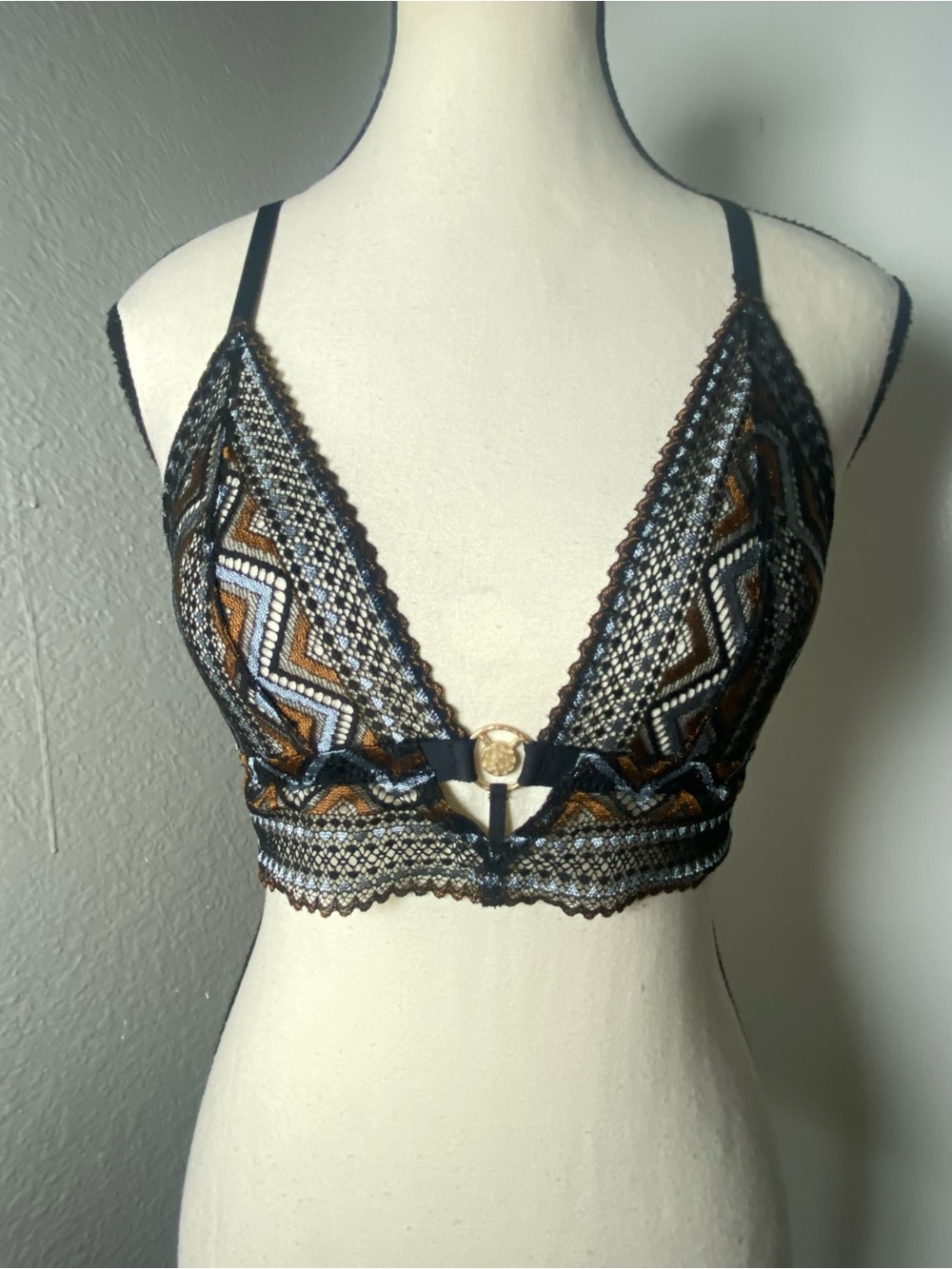 Undiz Black Brown & Blue Lace Tribal Racerback Tribal Bralette Size Small